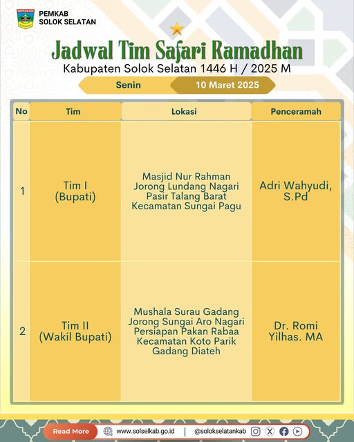 Berikut jadwal dan lokasi pelaksanaan Safari Ramadhan Pemerintah Kabupaten Solok Selatan 1446 Hijriah, Senin, 10 Maret 2025